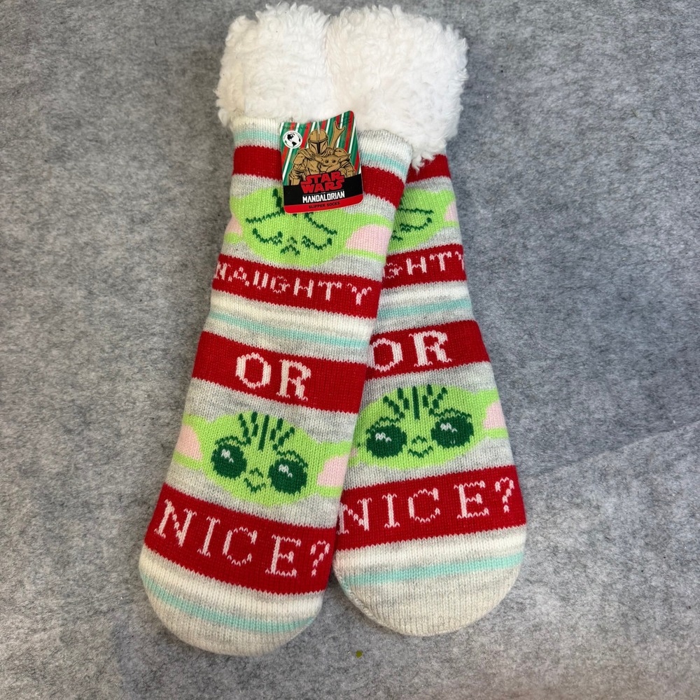 Star Wars The Mandalorian Grogu Naughty or Nice Slipper Socks Red Grey 4-10